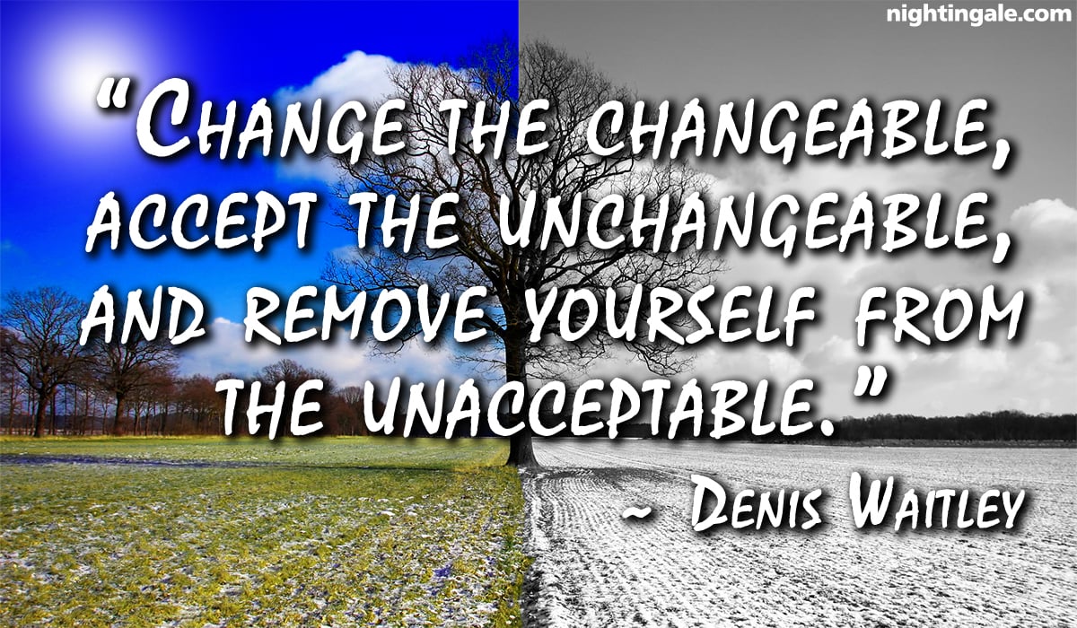Change the changeable, accept the unchangeable, and remove yourself from the unacceptable. ~ Denis Waitley 